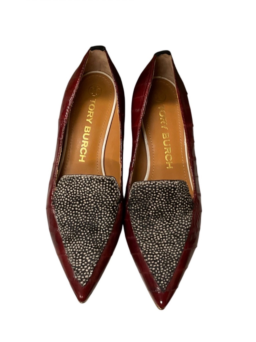 Tory Burch Burgundy Pointed-Toe with animal print.